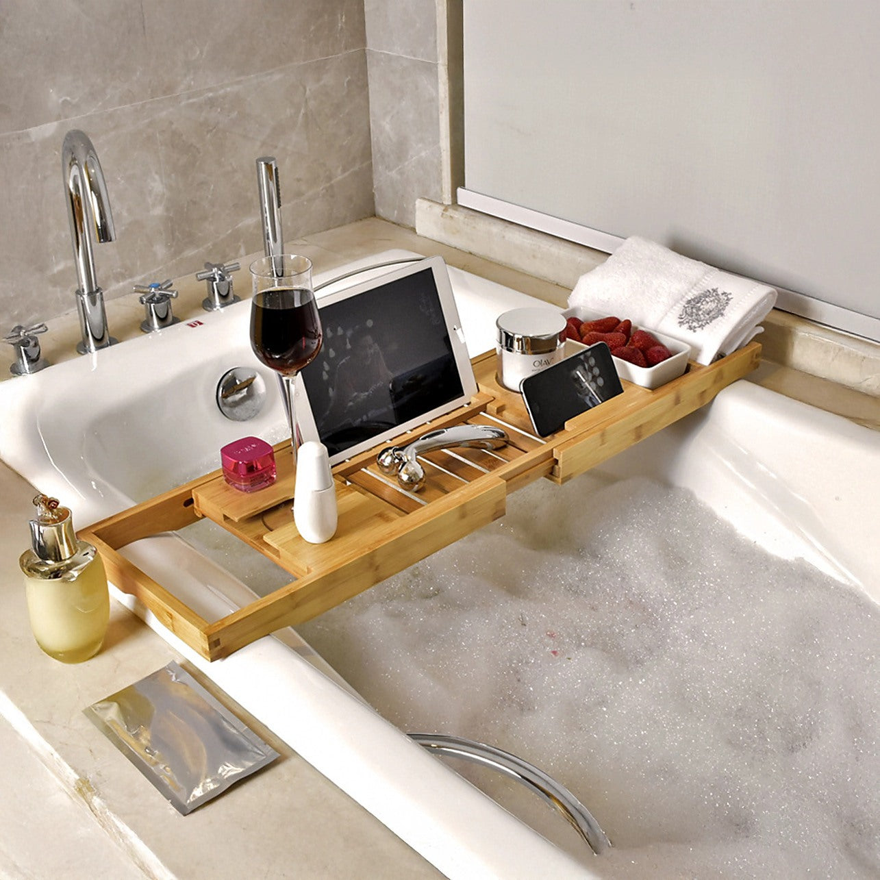 **Badezimmer Bambus Badewannen Caddy – Stilvolle Ablage für Entspannung** 0