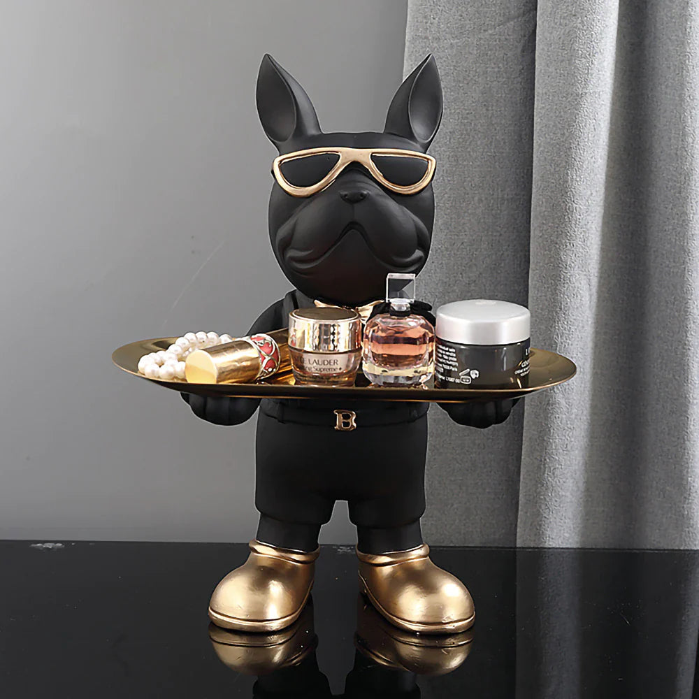 Bulldoggenstatue Mit Tablett – Verspieltes Design Für Stilvolles Wohnen 0