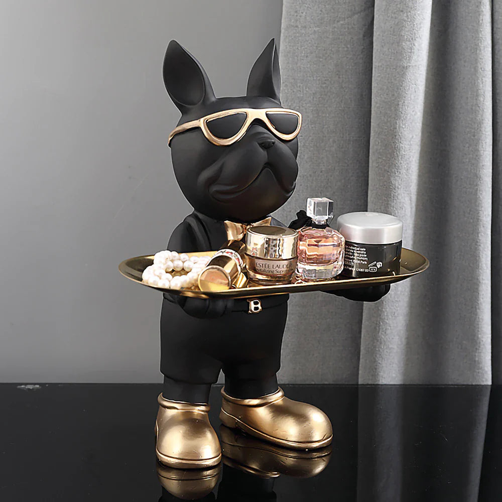 Bulldoggenstatue Mit Tablett – Verspieltes Design Für Stilvolles Wohnen 3