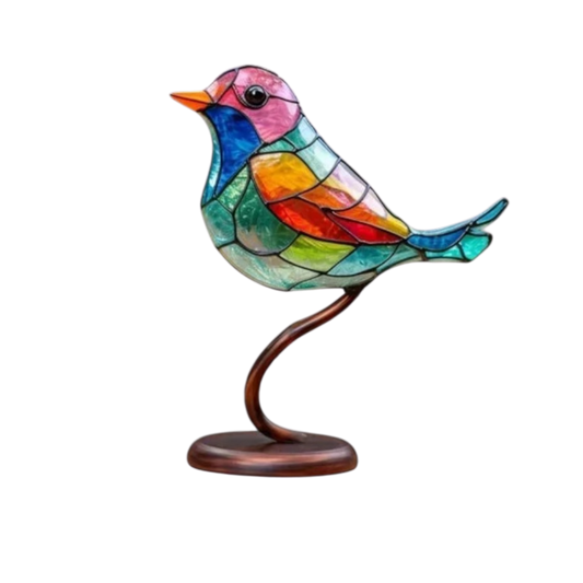 Tischlampe Buntglas Vogel - Natürliches Holzdesign