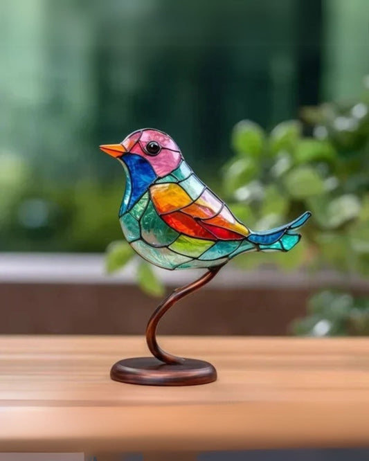 Tischlampe Buntglas Vogel - Natürliches Holzdesign