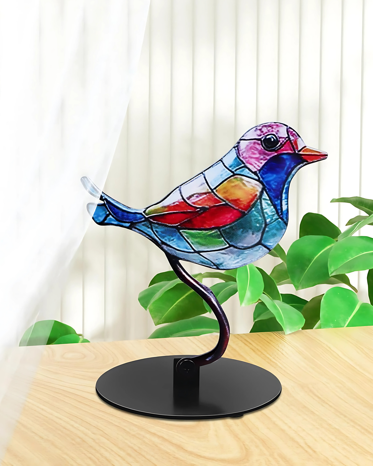 Tischlampe Buntglas Vogel - Natürliches Holzdesign