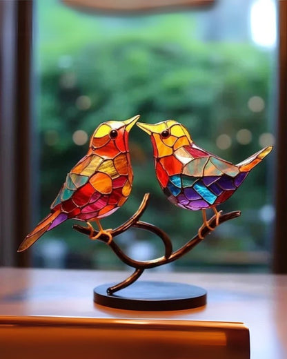 Tischlampe Buntglas Vogel - Natürliches Holzdesign