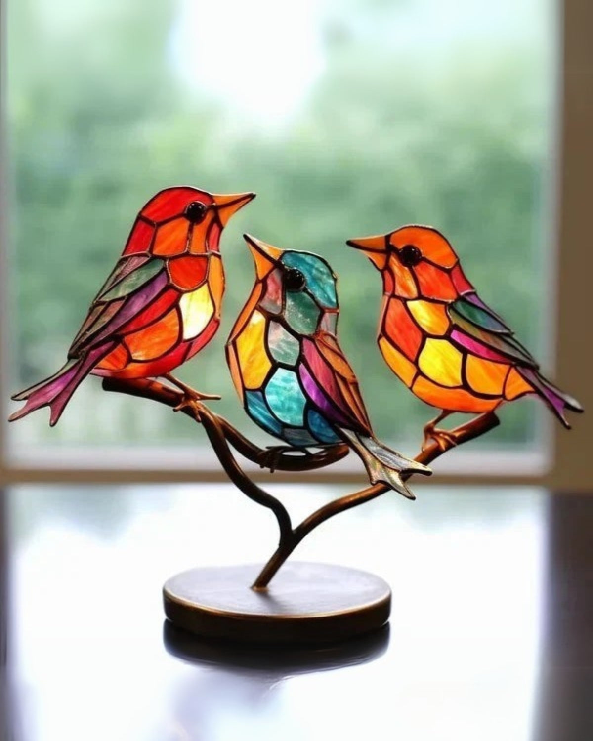 Tischlampe Buntglas Vogel - Natürliches Holzdesign