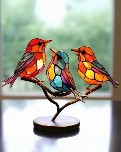 Tischlampe Buntglas Vogel - Natürliches Holzdesign