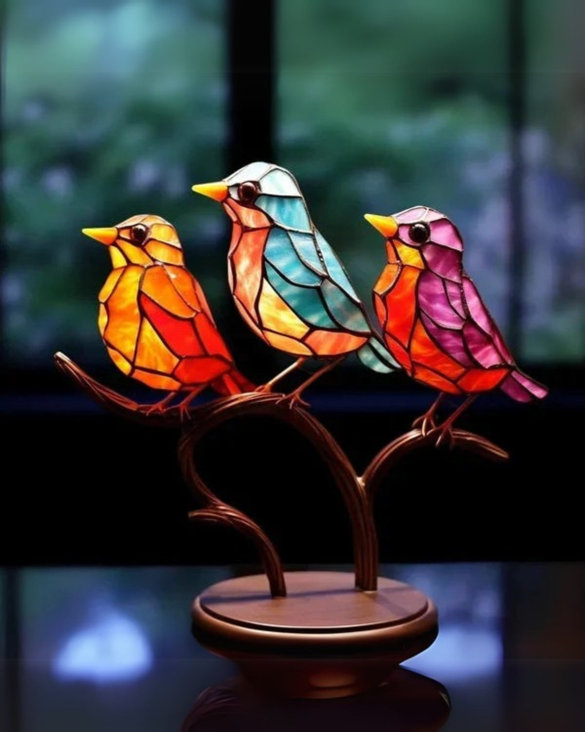 Tischlampe Buntglas Vogel - Natürliches Holzdesign