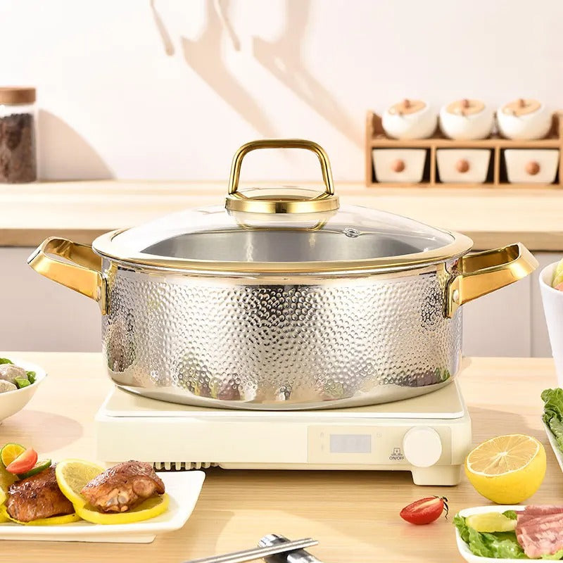 Gehämmerter Edelstahl Suppentopf 304 – Elegantes Kochen Mit Goldakzenten 1