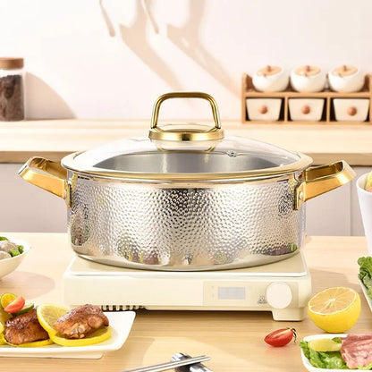 Gehämmerter Edelstahl Suppentopf 304 – Elegantes Kochen Mit Goldakzenten 1