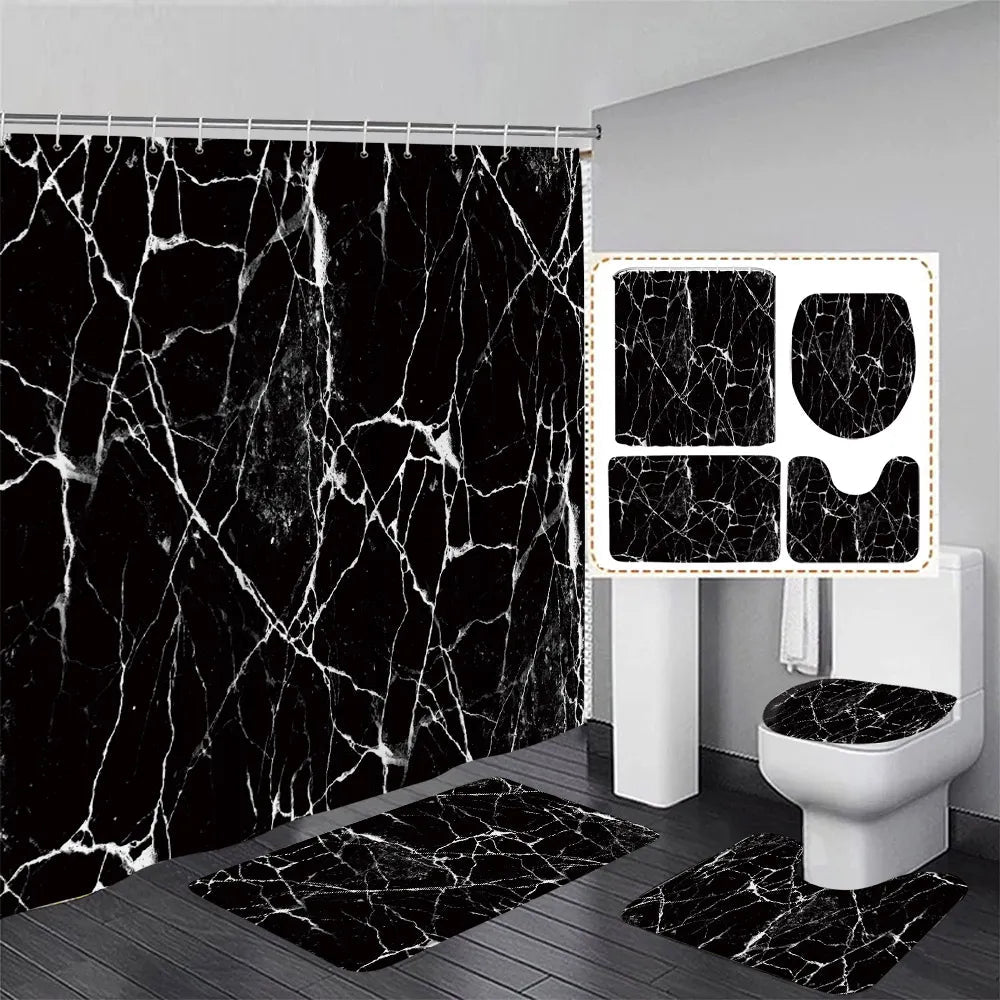 Schwarz-Weißer Marmor Duschvorhang-Set – Elegantes Badezimmer-Dekor für Stil 1