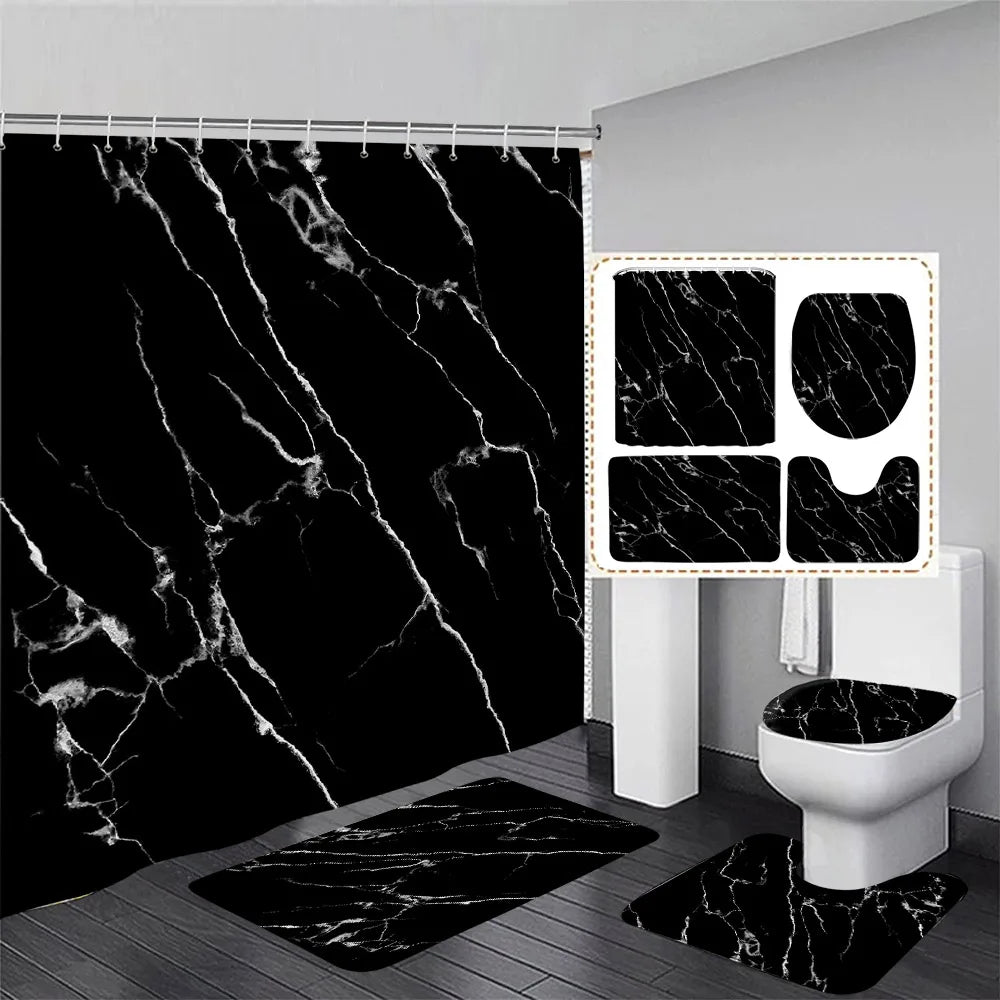 Schwarz-Weißer Marmor Duschvorhang-Set – Elegantes Badezimmer-Dekor für Stil 5