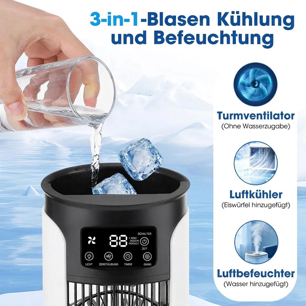 Luftkühler 3-in-1 – mit Wassertank, Ventilator, Luftbefeuchter & LED