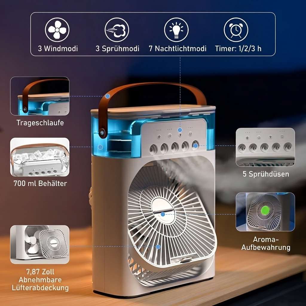 Mini-Klimaanlage 3-in-1 – Ventilator, Luftbefeuchter & Nachtlicht