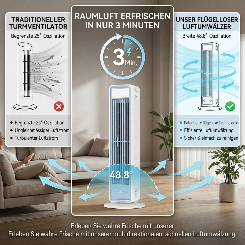Turmventilator flügellos – leise, oszillierend, kraftvoll