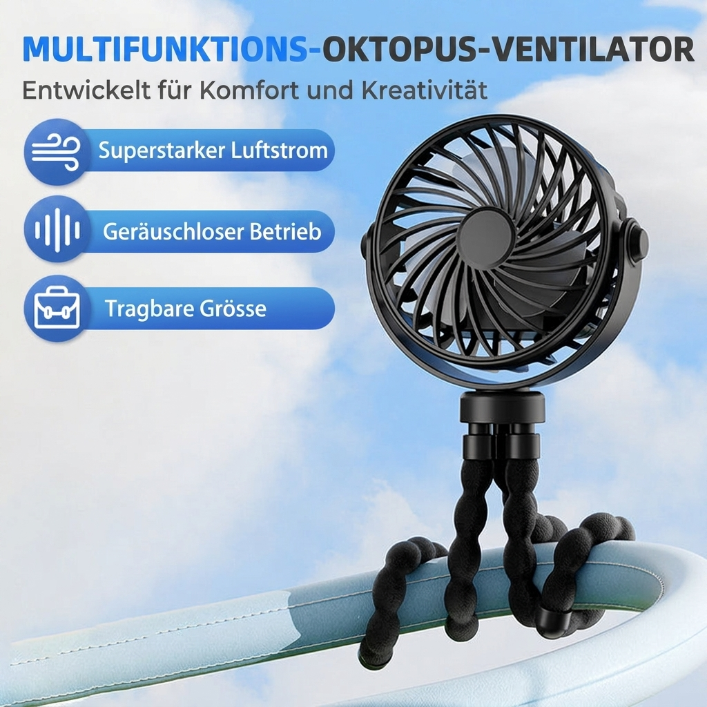 Octopus Ventilator flexibel – kabellos, für Kinderwagen, Bett & Fahrrad