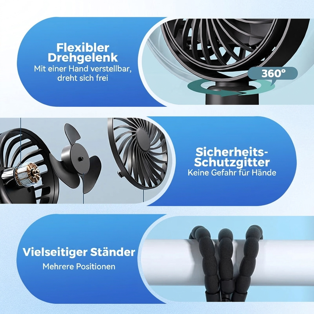 Octopus Ventilator flexibel – kabellos, für Kinderwagen, Bett & Fahrrad